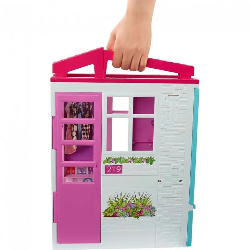 Casa de Bonecas Barbie Portátil com Alça – Completa com Acessórios, Cozinha, Quarto, Banheiro e Piscina no Pátio