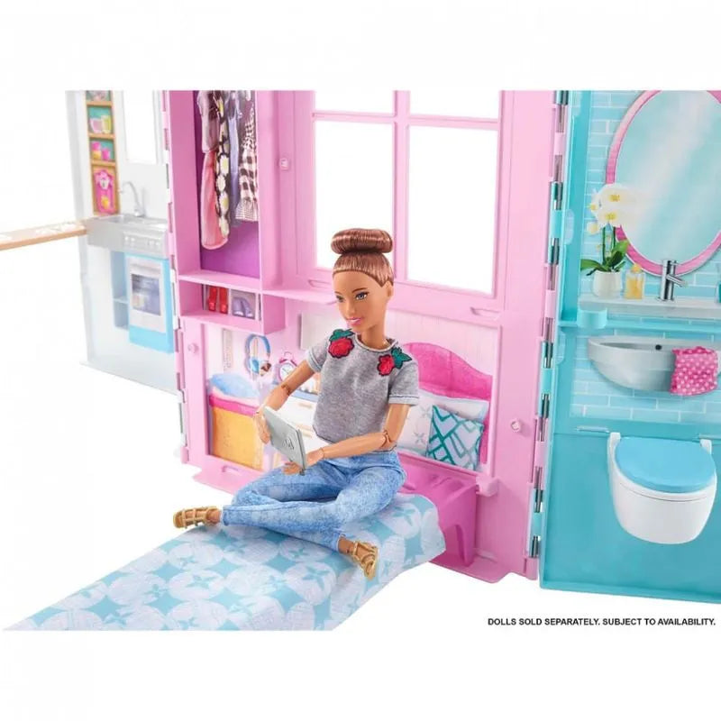 Casa de Bonecas Barbie Portátil com Alça – Completa com Acessórios, Cozinha, Quarto, Banheiro e Piscina no Pátio